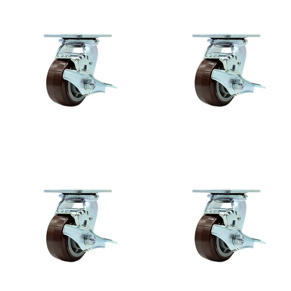 4 Inch Polyurethane Swivel Caster Set with Roller Bearing and Brake SCC